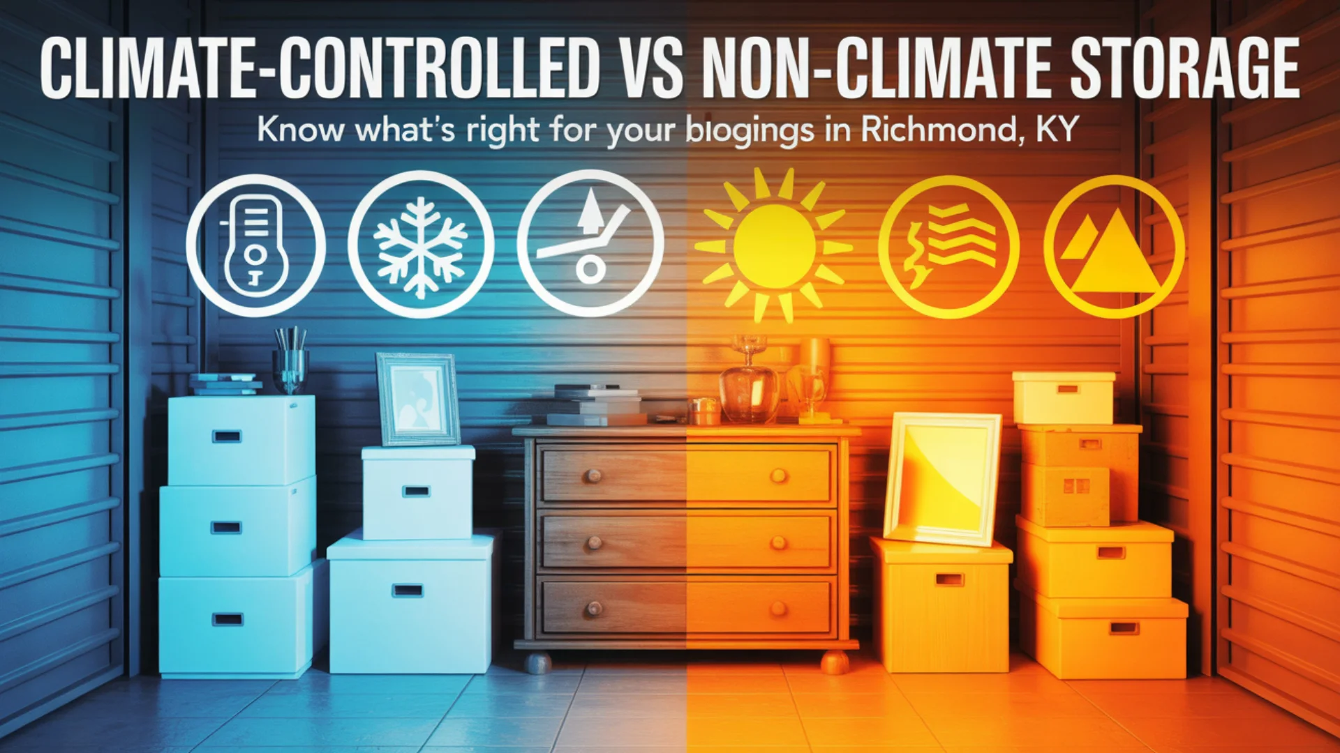A image showing climate controlled self storage on half, and rest half showing Non climate controlled storage. and written "Climate Controlled vs Non Climate Storage