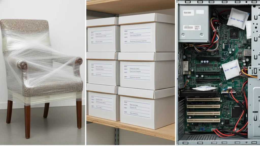 Chair, boxes and electronic circut to store in climate controlled unit